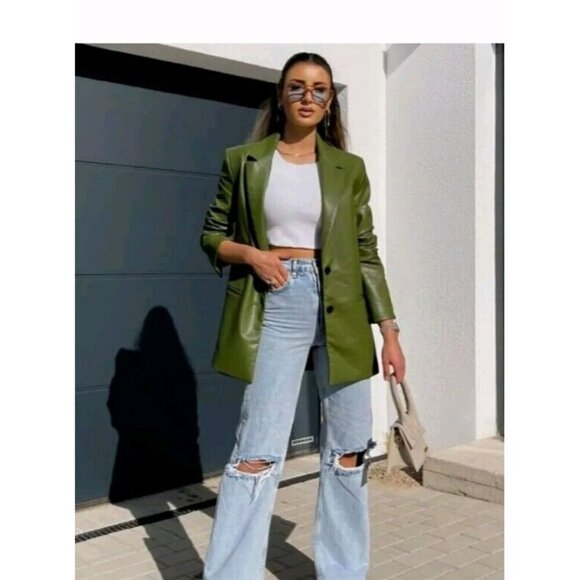 Zara Faux Leather Blazer Jacket Olive Green Size M 4432 740 - Picture 2 of 11